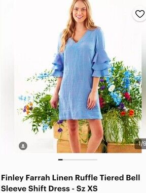 Finley Farrah Midi Linen Ruffle Tiered Bell Sleeve Shift Dress Sz Xs
